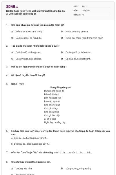 Bài tập hàng ngày Tiếng Việt lớp 2 Chân trời sáng tạo Bài 2: Con suối bản tôi có đáp án