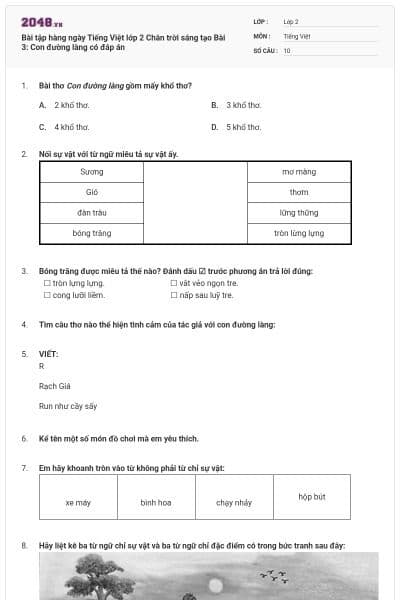 Bài tập hàng ngày Tiếng Việt lớp 2 Chân trời sáng tạo Bài 3: Con đường làng có đáp án