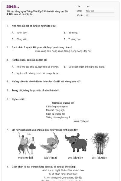 Bài tập hàng ngày Tiếng Việt lớp 2 Chân trời sáng tạo Bài 4: Bên cửa sổ có đáp án