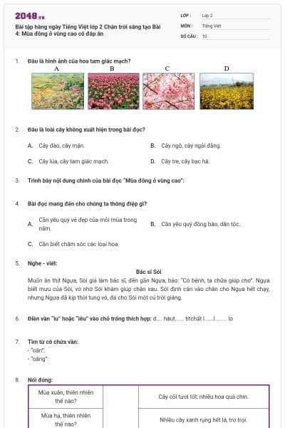 Bài tập hàng ngày Tiếng Việt lớp 2 Chân trời sáng tạo Bài 4: Mùa đông ở vùng cao có đáp án