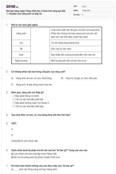 Bài tập hàng ngày Tiếng Việt lớp 2 Chân trời sáng tạo Bài 1: Chuyện của vàng anh có đáp án