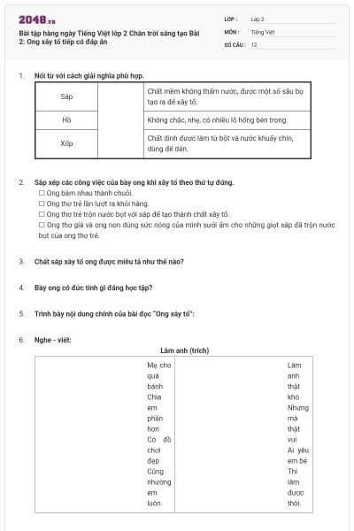 Bài tập hàng ngày Tiếng Việt lớp 2 Chân trời sáng tạo Bài 2: Ong xây tổ tiếp có đáp án