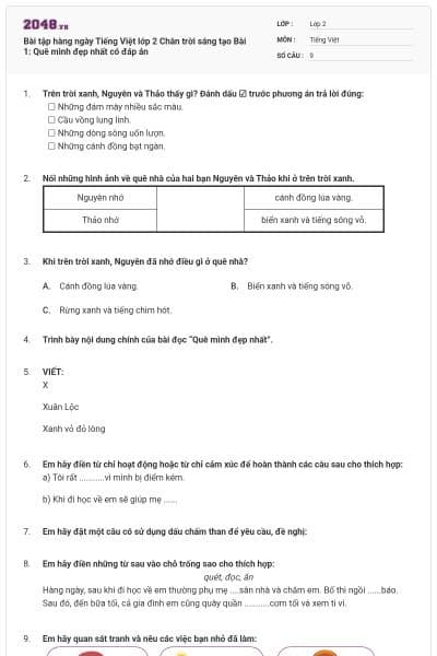 Bài tập hàng ngày Tiếng Việt lớp 2 Chân trời sáng tạo Bài 1: Quê mình đẹp nhất có đáp án