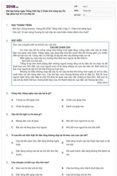 Bài tập hàng ngày Tiếng Việt lớp 2 Chân trời sáng tạo Ôn tập giữa học kì 2 có đáp án