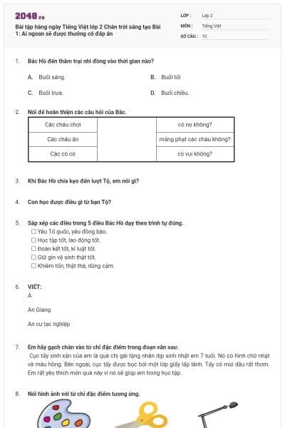 Bài tập hàng ngày Tiếng Việt lớp 2 Chân trời sáng tạo Bài 1: Ai ngoan sẽ được thưởng có đáp án