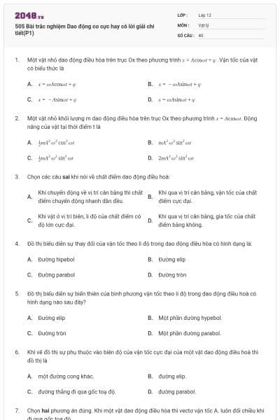 505 Bài trắc nghiệm Dao động cơ cực hay có lời giải chi tiết(P1)