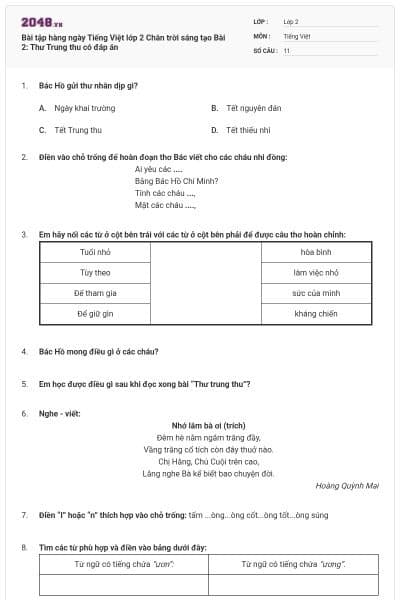 Bài tập hàng ngày Tiếng Việt lớp 2 Chân trời sáng tạo Bài 2: Thư Trung thu có đáp án