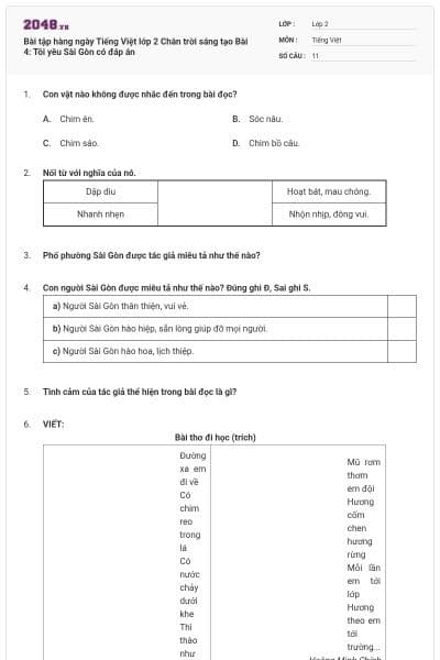 Bài tập hàng ngày Tiếng Việt lớp 2 Chân trời sáng tạo Bài 4: Tôi yêu Sài Gòn có đáp án