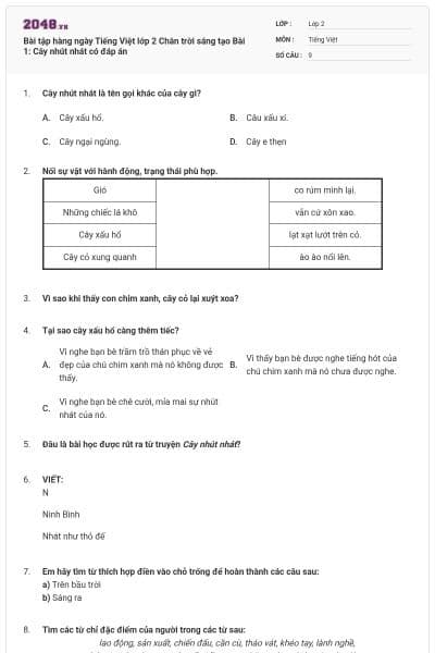 Bài tập hàng ngày Tiếng Việt lớp 2 Chân trời sáng tạo Bài 1: Cây nhút nhát có đáp án