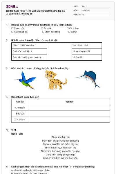 Bài tập hàng ngày Tiếng Việt lớp 2 Chân trời sáng tạo Bài 2: Bạn có biết? có đáp án