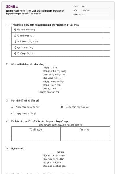 Bài tập hàng ngày Tiếng Việt lớp 2 Kết nối tri thức Bài 2: Ngày hôm qua đâu rồi? có đáp án