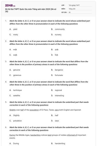 Đề thi thử THPT Quốc Gia môn Tiếng anh năm 2020 (Đề số 28)