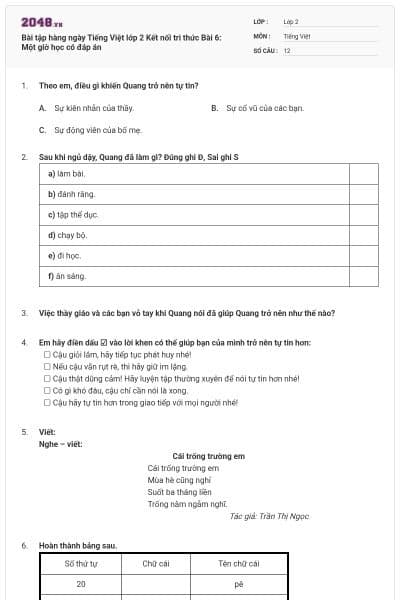 Bài tập hàng ngày Tiếng Việt lớp 2 Kết nối tri thức Bài 6: Một giờ học có đáp án