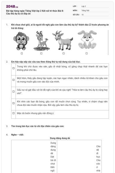 Bài tập hàng ngày Tiếng Việt lớp 2 Kết nối tri thức Bài 8: Cầu thủ dự bị có đáp án