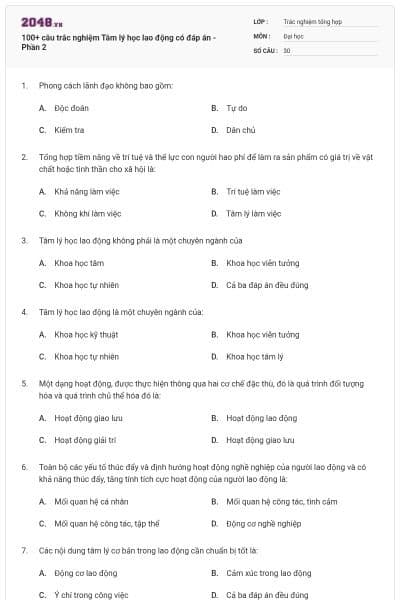 100+ câu trắc nghiệm Tâm lý học lao động có đáp án - Phần 2