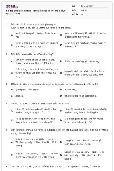 Bài tập tổng ôn Sinh học - Trao đổi nước và khoáng ở thực vật có đáp án