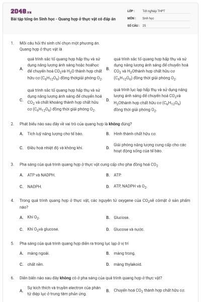 Bài tập tổng ôn Sinh học - Quang hợp ở thực vật có đáp án