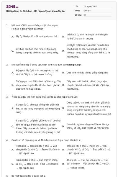 Bài tập tổng ôn Sinh học - Hô hấp ở động vật có đáp án