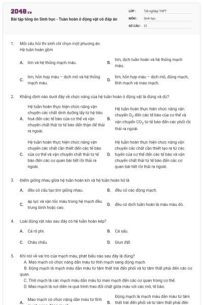 Bài tập tổng ôn Sinh học - Tuần hoàn ở động vật có đáp án