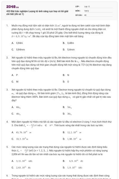 433 Bài trắc nghiệm Lượng tử ánh sáng cực hay có lời giải chi tiết (đề số 1)