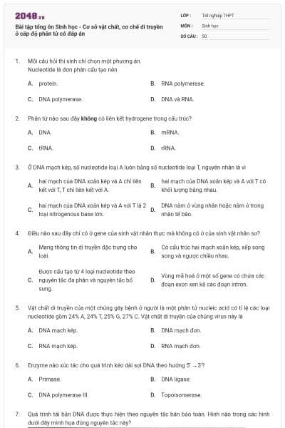 Bài tập tổng ôn Sinh học - Cơ sở vật chất, cơ chế di truyền ở cấp độ phân tử có đáp án
