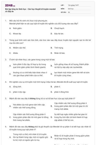 Bài tập tổng ôn Sinh học - Các học thuyết di truyền mendel có đáp án