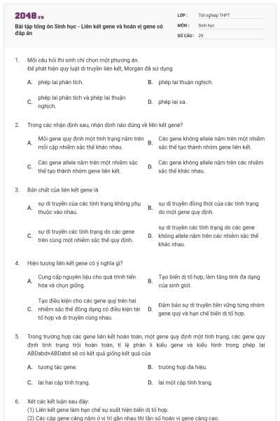 Bài tập tổng ôn Sinh học - Liên kết gene và hoán vị gene có đáp án