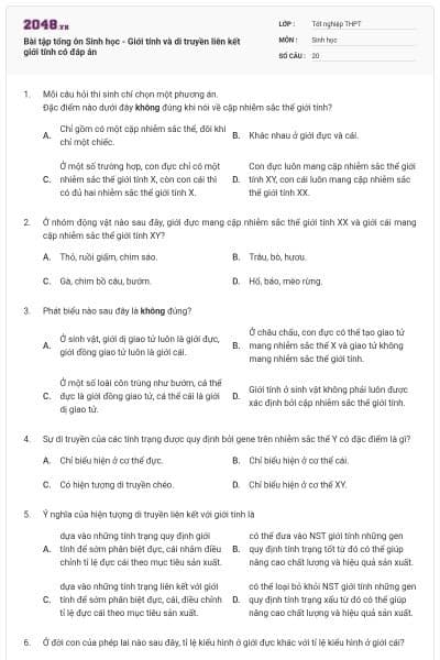 Bài tập tổng ôn Sinh học - Giới tính và di truyền liên kết giới tính có đáp án