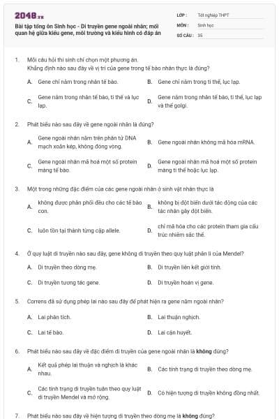 Bài tập tổng ôn Sinh học - Di truyền gene ngoài nhân; mối quan hệ giữa kiểu gene, môi trường và kiểu hình có đáp án