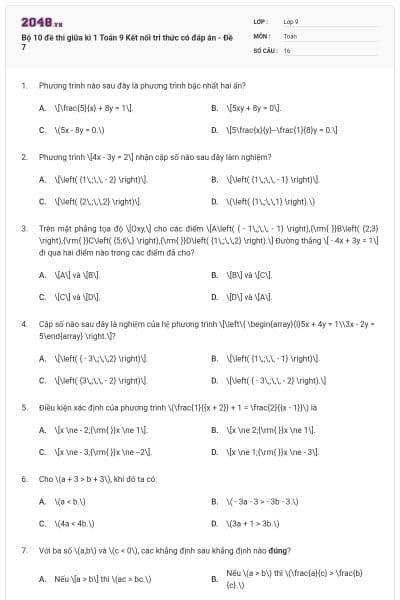 Bộ 10 đề thi giữa kì 1 Toán 9 Kết nối tri thức có đáp án - Đề 7