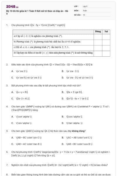 Bộ 10 đề thi giữa kì 1 Toán 9 Kết nối tri thức có đáp án - Đề 9