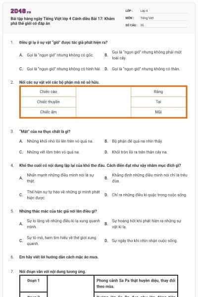 Bài tập hàng ngày Tiếng Việt lớp 4 Cánh diều Bài 17: Khám phá thế giới có đáp án