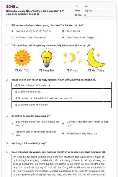 Bài tập hàng ngày Tiếng Việt lớp 4 Cánh diều Bài 18: Vì cuộc sống con người có đáp án
