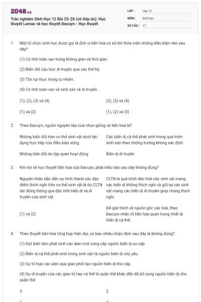 Trắc nghiệm Sinh Học 12 Bài 25-26 (có đáp án): Học thuyết Lamac và học thuyết Đacuyn - Học thuyết