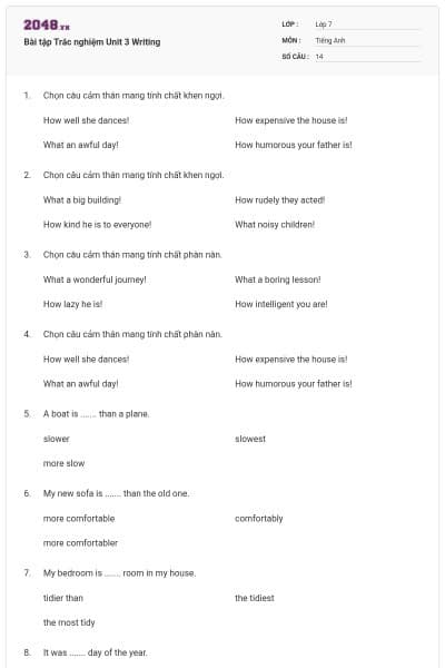 Bài tập Trắc nghiệm Unit 3 Writing