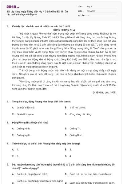 Bài tập hàng ngày Tiếng Việt lớp 4 Cánh diều Bài 19: Ôn tập cuối năm học có đáp án