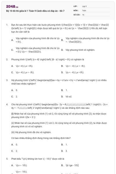 Bộ 10 đề thi giữa kì 1 Toán 9 Cánh diều có đáp án - Đề 7