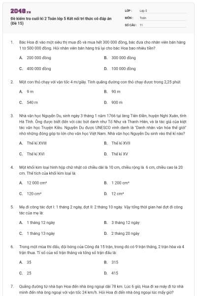 Đề kiểm tra cuối kì 2 Toán lớp 5 Kết nối tri thức có đáp án (Đề 15)