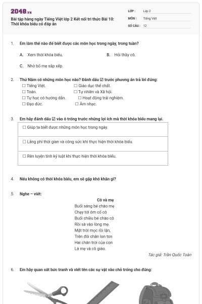 Bài tập hàng ngày Tiếng Việt lớp 2 Kết nối tri thức Bài 10: Thời khóa biểu có đáp án