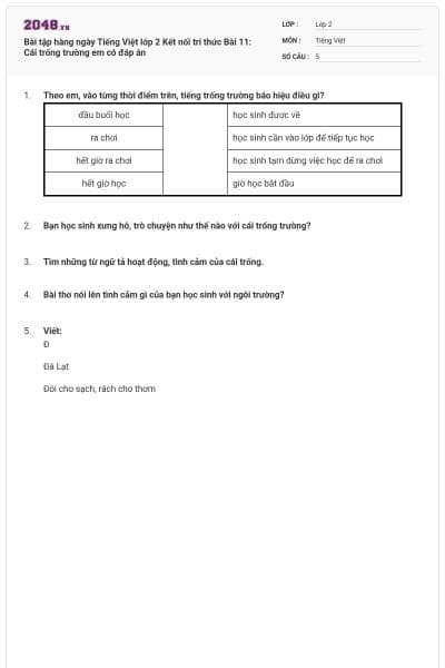 Bài tập hàng ngày Tiếng Việt lớp 2 Kết nối tri thức Bài 11: Cái trống trường em có đáp án