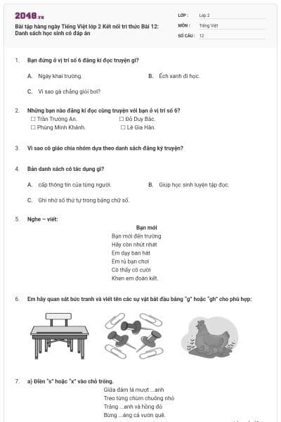 Bài tập hàng ngày Tiếng Việt lớp 2 Kết nối tri thức Bài 12: Danh sách học sinh có đáp án