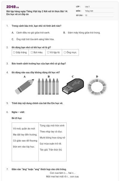 Bài tập hàng ngày Tiếng Việt lớp 2 Kết nối tri thức Bài 14: Em học vẽ có đáp án