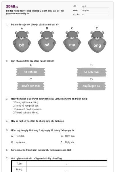 Bài tập hàng ngày Tiếng Việt lớp 2 Cánh diều Bài 2: Thời gian của em có đáp án