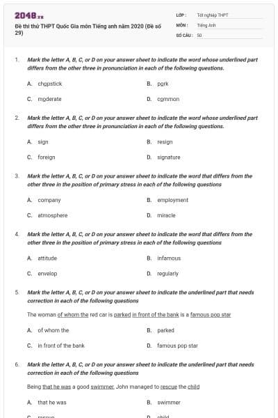 Đề thi thử THPT Quốc Gia môn Tiếng anh năm 2020 (Đề số 29)