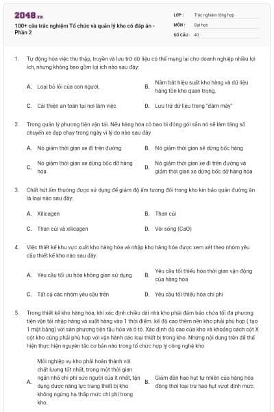 100+ câu trắc nghiệm Tổ chức và quản lý kho có đáp án - Phần 2