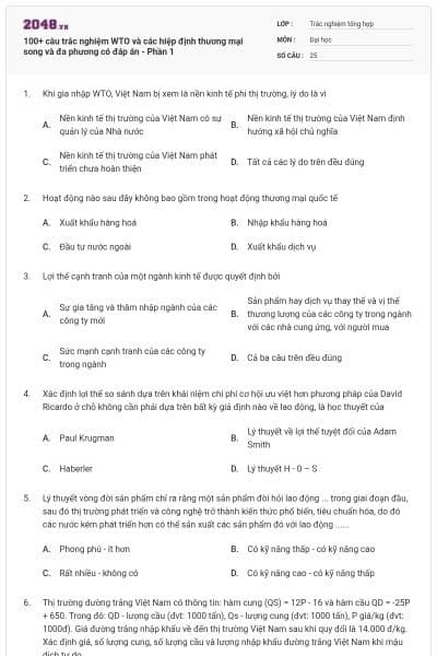 100+ câu trắc nghiệm WTO và các hiệp định thương mại song và đa phương có đáp án - Phần 1