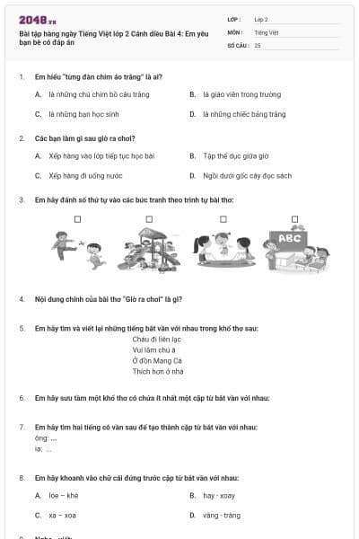 Bài tập hàng ngày Tiếng Việt lớp 2 Cánh diều Bài 4: Em yêu bạn bè có đáp án