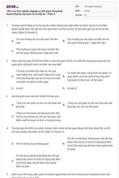 100+ câu trắc nghiệm Nghiệp vụ Hải quan trong Kinh doanh thương mại quốc tế có đáp án - Phần 4