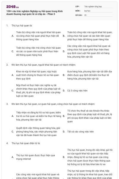 100+ câu trắc nghiệm Nghiệp vụ Hải quan trong Kinh doanh thương mại quốc tế có đáp án - Phần 5