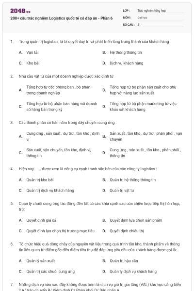 200+ câu trắc nghiệm Logistics quốc tế có đáp án - Phần 6